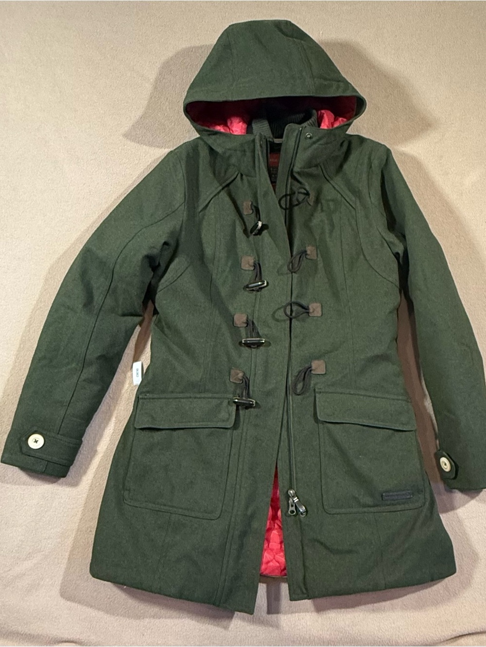 Merrell Forest Green Hooded Trench Coat with Red Lining